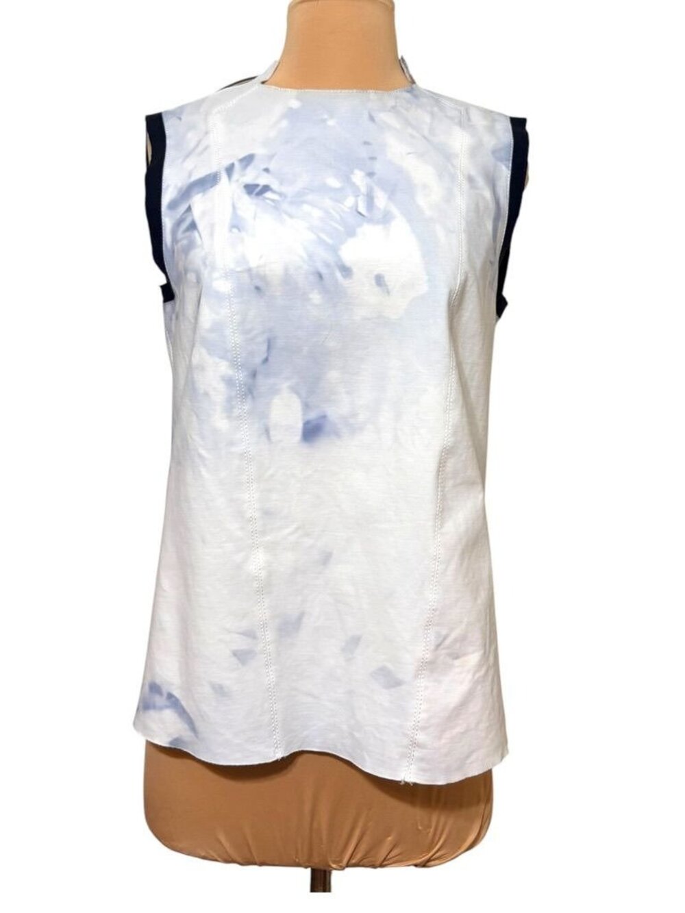 Helmut Lang Tank S White Blue Marble Tie Dye Notched Edgy Moto Top Blouse Zip